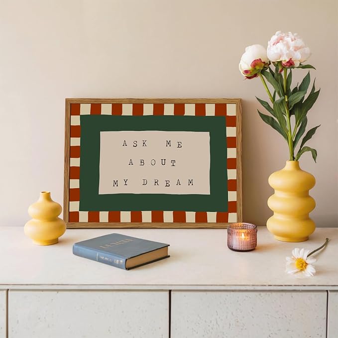 Framed Ask Me About My Dream Wall Art, Retro Red Green Checkered Pictures Wall Decor, Mid Century Modern Minimalist Text Paintings Canvas Prints for Home Living Room Bedroom 12x16 inch