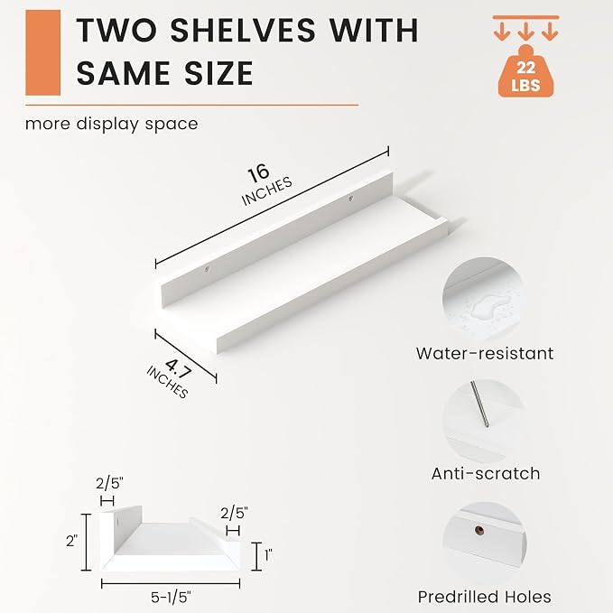 Picture Ledge Shelf, Floating Shelves for Wall, 16" W Set of 2, White | FSC Certified Engineered Wood, Wall Mounted Bookshelf, for Nursery Living Room Bedroom, Pre-Drilled, Easy Install