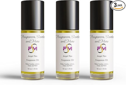 Angel Man Perfume/Body Oil - 3 Bottles 1 Fl Oz Glass Roll On (30ml)