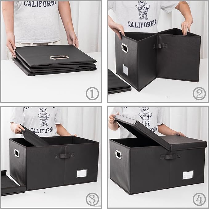 Collapsible Storage Box with Lid [1-Pack] Leather Fabric Foldable Storage Bin Organizer Container Basket Cube with Cover for Home Bedroom Closet Office Nursery Black (22.8X15.7X11.8)