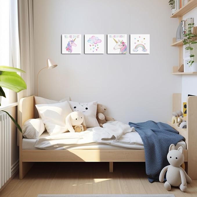 4 Pcs Watercolor Unicorn Wall Art, Inspirational Girls Room Cute Wall Decor | Rainbow Flower Aesthetic Framed Prints Paintings for Women Teen Girls Room Apartment Vogue Living Room Decor 8x8 inches