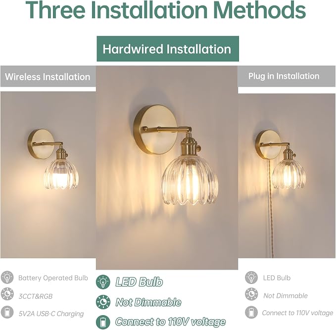 Shenmoyl Vintage Wall Sconces Set of 2 with Transparent Tulip Glass Lampshade 180 Degree Adjustable Brass Sconces Hradwired Modern Wall Lighting Fixture with Switch for Bedside Bedroom Doorway