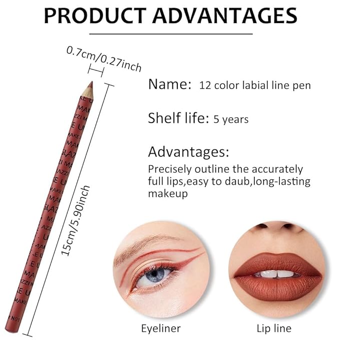 12 Pcs Colors Lip Liner Lipstick Pencils Set Pack for Shaping & Sculpting Lips,Natural Maroon Dark Red Nude Beige Chocolate Brown Plum Matte Pigmented Lipliners Crayon Lipstick