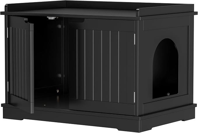 Cat Litter Box Enclosure Furniture Hidden Wooden Washroom Litter Box Cabinet, Indoor Cat House with Removable Divider, as Table Nightstand Storage Bench (Black)