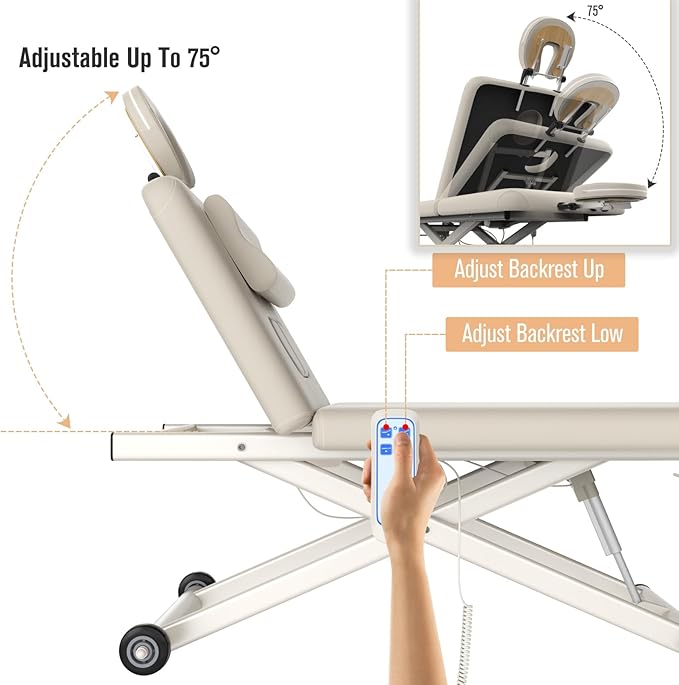 Heavy-Duty Electric Lift Massage Table with Electric Adjustable Backrest and Legs, Wide Physical Therapy Massage Bed with Wheels, Professional Spa Facial Bed, PU Leather, 32'' W × 75'' L