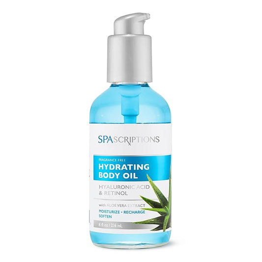 SpaScriptions Hyaluronic Acid & Retinol Body Oil - After Shower Body Oil, Fragrance Free For Sensitive Skin with Aloe Vera For Hydrated Smooth Skin, Lightweight Non-Greasy Premium Glass Bottle, 8 oz