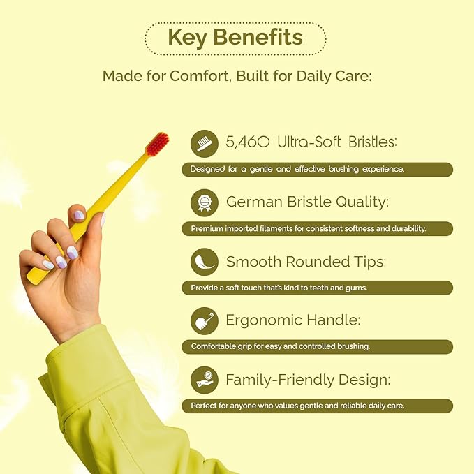 Ved ProCura Ultra Soft Toothbrush – Gentle Manual Toothbrush for Adults with 5,460 Super Soft Bristles for Sensitive Teeth and Gums (Yellow)