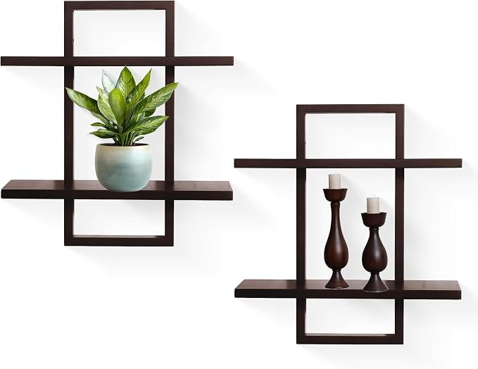 Floating Shelves for Wall,Decorative Wall Shelves,Plants Shelf Framed | Square Wall Decor,Art Sconces Artificial Vases Hanging Storage Shelf for Bathroom Living Room Modern,Wood,2 Tier,2PCS,Walnut