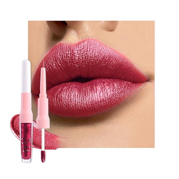 evpct Burgundy Metallic Shimmer Lip Liner and Lipstick Combo Lip Gloss Stain Set Makeup for Women Long Lasting Waterproof 24, Burgundy Metallic Shimmer Frosted Iridescent Glossy Liquid Lipstick 23