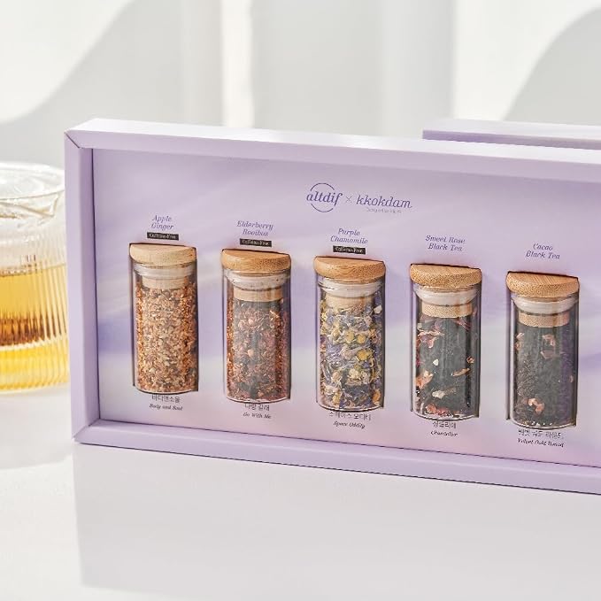 KKOKDAM Lovely Blending Tea Gift Set – Premium 5-Flavor Tea Sampler (3 Herbal & 2 Black Tea Blends) – Loose Leaf Tea Variety Pack in Glass Jars – Unique Korean Gift Box for Women, Mom & Tea Lovers