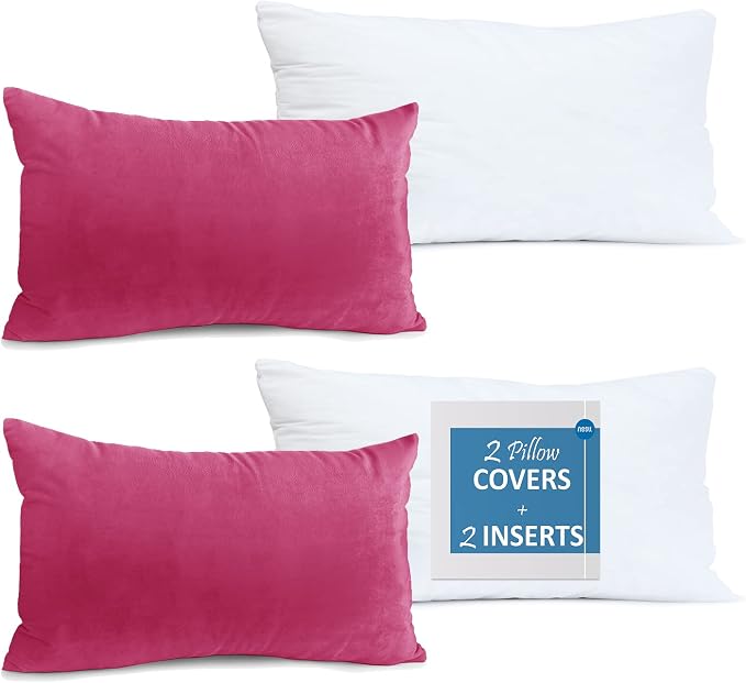 Throw Pillow Inserts Pack of 2 with Velvet Soft Solid Decorative Square Throw Pillow Covers Set for Sofa Couch Car Bedroom, 12X20 Throw Pillows Inserts with 12x18 Washable Cushion Covers, Hot Pink