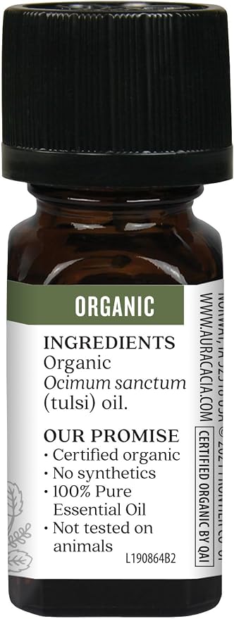Aura Cacia Organic Holy Basil Tulsi Pure Essential Oil, Vegan, Cruelty Free, 0.25 Fluid Ounces (Pack of 3)