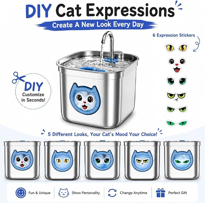 Homtyler Luxury Automatic Cat Water Fountain for Pets, 2.2L/74oz Stainless Steel Dog Water Dispenser with Filter, BPA Free & Silent, Featuring LED Light, Easy Clean & Cat View Window