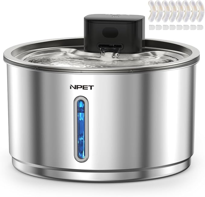 NPET Stainless Steel Wireless Cat Water Fountain with 8 Replacement Filters | 1Gallon/135oz, Battery Operated, Automatic Pet Drinking Fountain, Cordless Dog Water Dispenser, For Cats Indoor