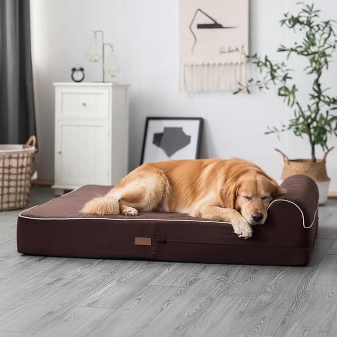 Orthopedic Memory Foam Dog Bed 7" Inch Thick Extra Large Dog Bed With Pillow Brown 50"x34"x10" Includes Waterproof Liner & Durable Removable Cover With Smart Design
