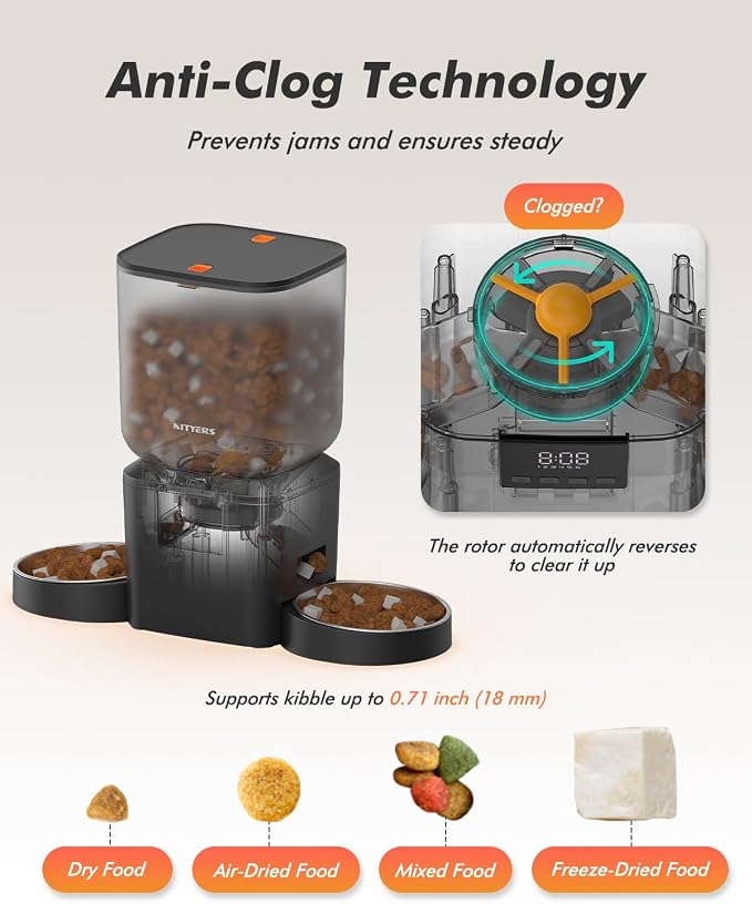 Automatic Cat Feeder for 2 Cats - 8L/34 Cups Dual Automatic Dog Feeder with Dog Food Dispenser for 2-18mm Dry Food, Timed Cat Food Dispenser, Up to 50 Portions 6 Meals Per Day, 10s Voice, Keep Fresh
