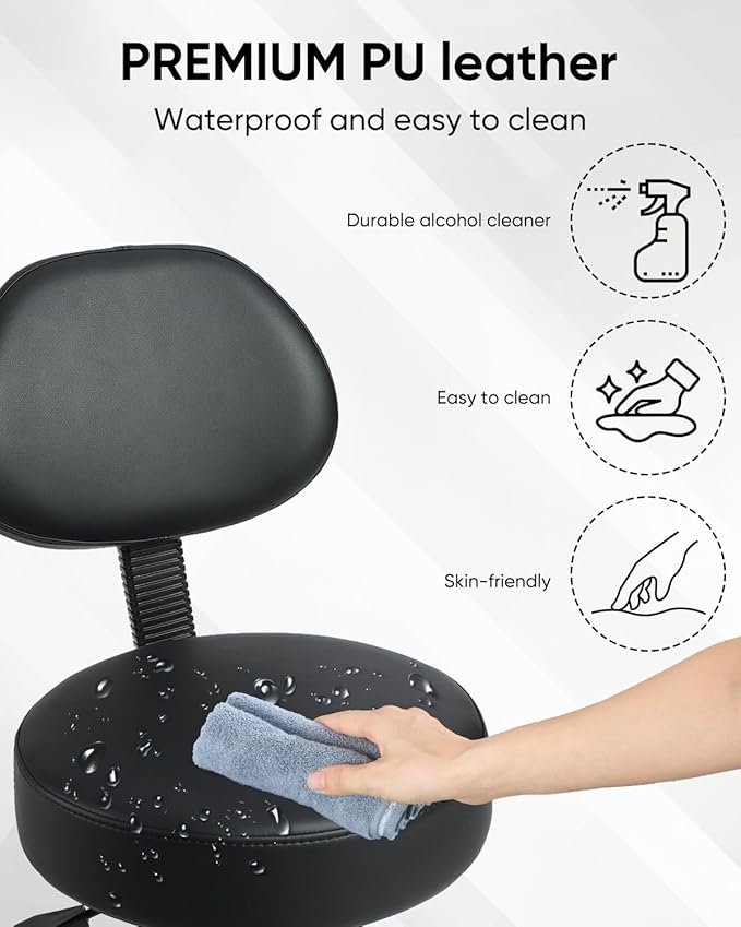Rolling Stool with Wheels Swivel Stool with Back,Adjustable Heavy Duty Office Stool Multi-Purpose Office Desk Chair,for Guitar Tattoo Shop（Black）