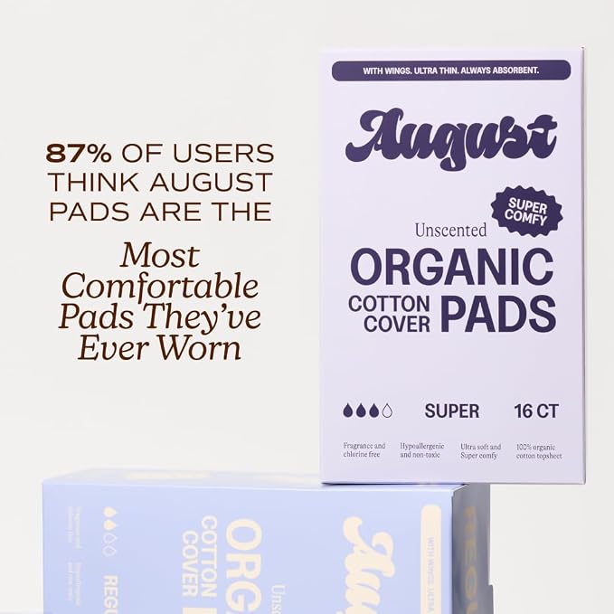 August Super Cotton Menstrual Pads, 72-Pack Ultra Thin Pads with Wings, Hypoallergenic Sanitary Napkins with Organic Cotton Topsheet, Compostable Wrappers, Toxin Free, Fragrance Free