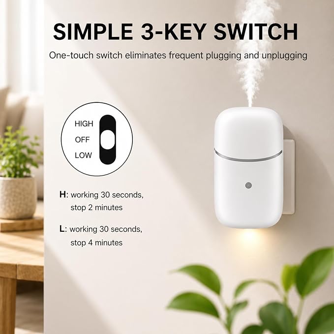 Waterless Diffuser, Essential Oil Diffuser with Low/High Switch & Timer, Plug in Diffuser with Night Light, Quiet Wall Aromatherapy Diffuser for Home, Living Room, Bedroom, Bathroom, White