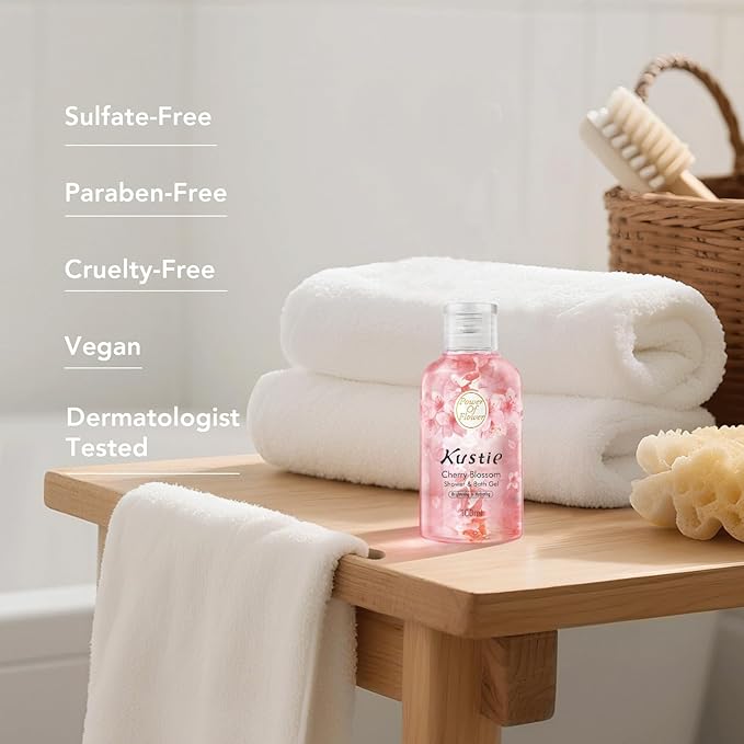 Kustie Cherry Blossom Travel Size Body Wash with Sakura Extract & Niacinamide - Hydrates & Softens Skin with Hyaluronic Acid - Antioxidant-Rich, Free From Parabens, Sulfates & Phthalates, 3.38 Fl Oz