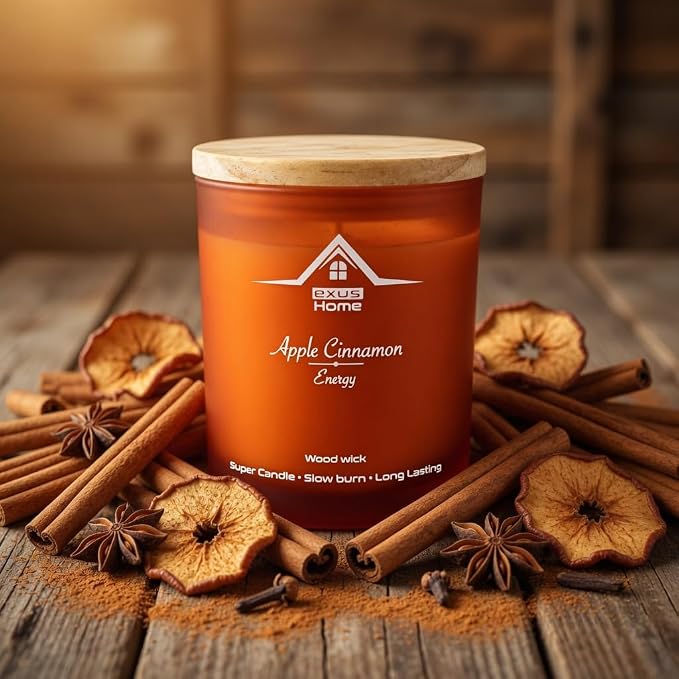 Exus Hand Crafted, Soy Wax, Wood Wick, Aromatic Candle. Non-Toxic (Apple Cinnamon/Energy)