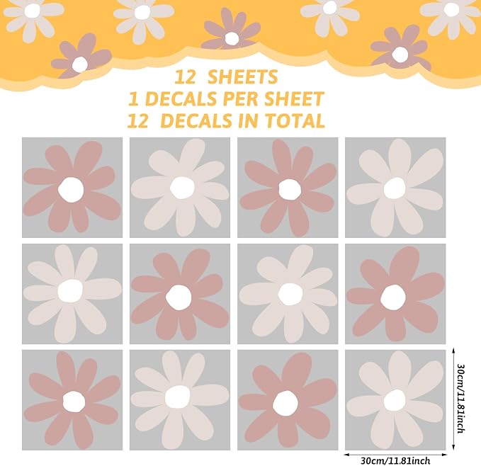 TaoBary 12 Sheet Daisy Wall Sticker Decal,Grey Color,Simple Style | Big Flower Wall Sticker, Pink White Floral Decal, Daisy Bedroom Room Decor, Removable Peel and Stick, Nursery Home Wall Decor