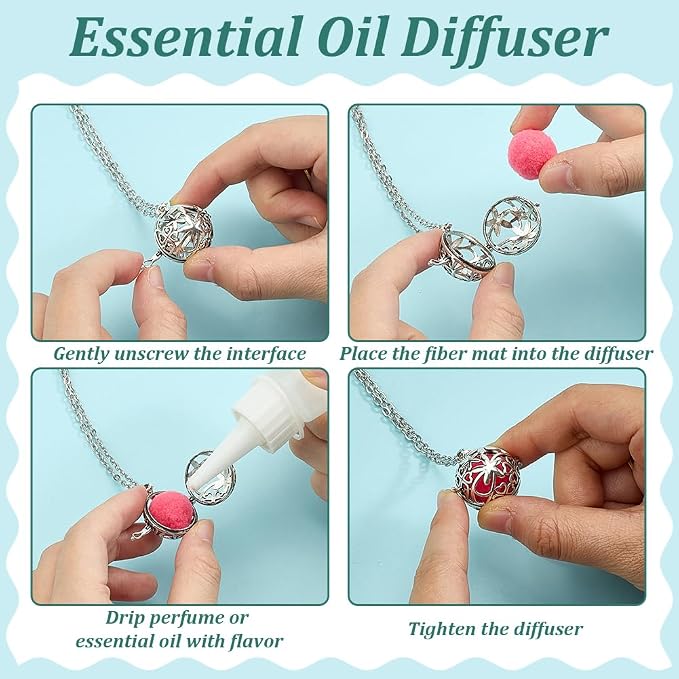PH PandaHall 3pcs Essential Oil Diffuser Necklace, Aromatherapy Locket Pendant Scent Necklace with 10pcs Color Cotton Balls Platinum Flower Pendant Necklaces Chain for Men Women Jewelry Birthday Gifts