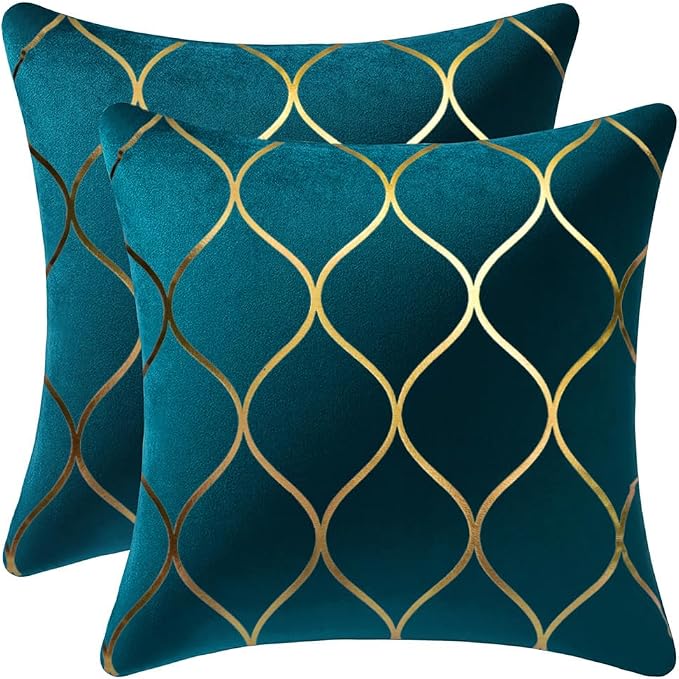 16x16 Inch Gold Velvet Throw Pillow Covers: 2 Pack Square Decorative Pillow Cases for Bedroom Sofa Couch Living Room, Teal Christmas
