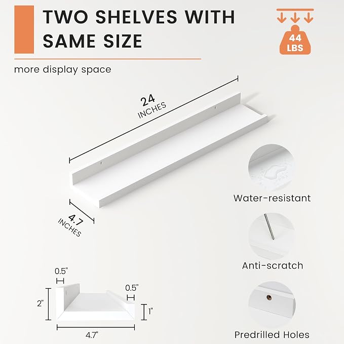 Picture Ledge Shelf, Floating Shelves for Wall, 24" W Set of 2, White | FSC Certified Engineered Wood, Wall Mounted Bookshelf, for Nursery Living Room Bedroom, Pre-Drilled, Easy Install