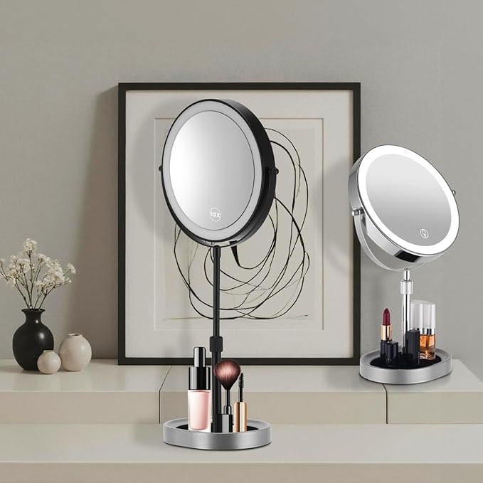 Rechargeable Adjustable-Height Lighted Vanity Mirror with 3 Color Lights, Touch Screen and Dimmable Settings 8-inch Dual-Sided 1X/10X and 360° Swivel Makeup Mirror with Jewelry Tray (Chrome)