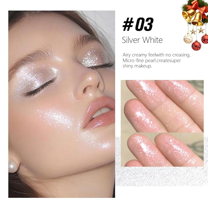 Silver White Sparkle Glitter Shimmer Highlighter Makeup Palette for Women, Silver White Buttery Creamy Powder Highlighter Eyeshadow Palette Vegan, Built-in Mirror & Brush – Girls Christmas Gift
