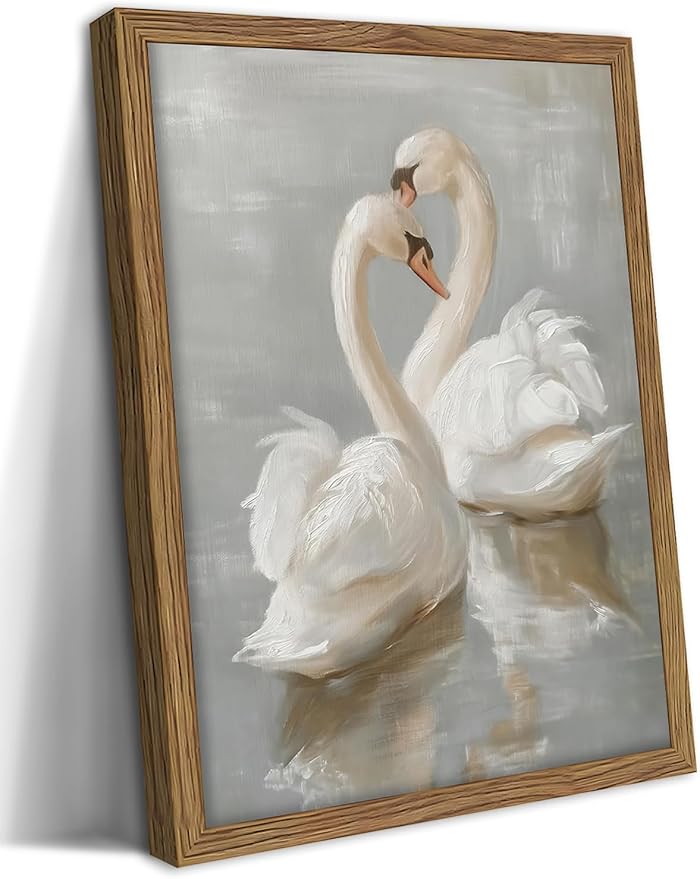 Framed White Swan Canvas Wall Art – Vintage Romantic Swan Oil Painting, Simple Rustic Animal Art Prints, Classical Artwork Wall Decor for Living Room Bedroom Office – 16x24in