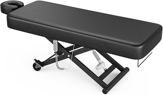 Paddie Flat Electric Lift Massage Table, Professional Spa Bed 6.7" Memory Foam with Adjustable Face Cradle and Rolling Wheels, Black