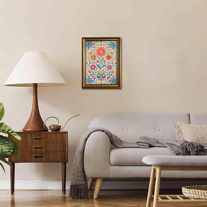 Mexican Folk Gold Framed Wall Art Vintage Floral Butterfly Wall Decor Art | Colorful Botanical Pictures Canvas Art Maximalist Small Framed Prints Artwork Vanity Bedside Tables Bookshelf Gallery Wall