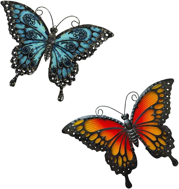 LIFFY Metal Butterfly Wall Decor,2Pack 12" Hanging Glass Butterfly Outdoor Decor,Home Orange Butterflies Decorative Ornaments Outside for Garden,Yard,Fence,Patio
