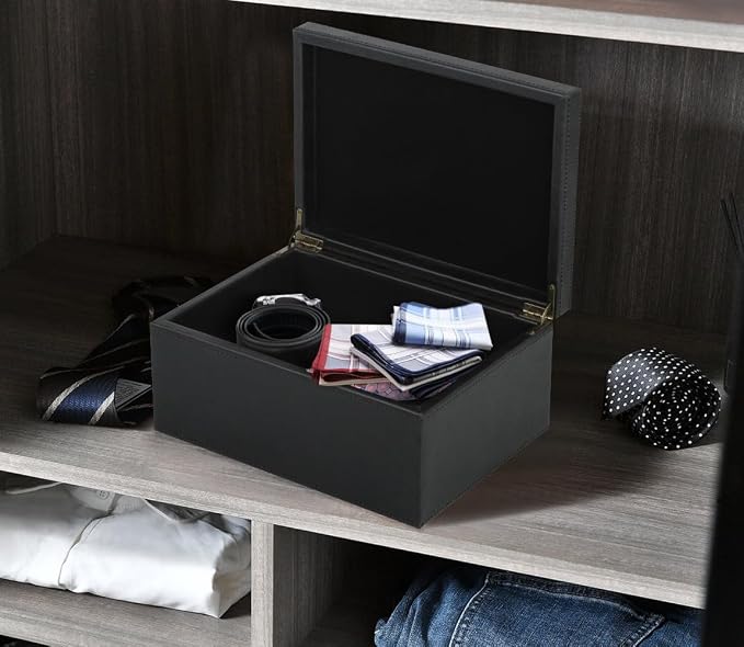 HofferRuffer Faux Leather Decorative Box, Large Wooden Structure Keepsake Box Accessory Organizer Jewelry Organizer with Hinged Lid, Storage Container for Home or Office (Black)