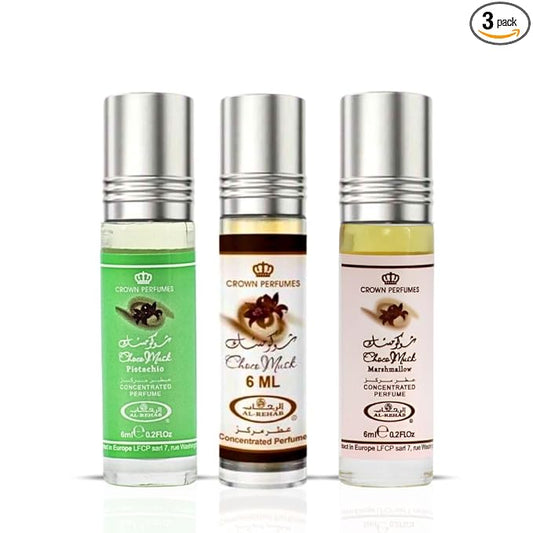 Al-Rehab Choco Musk Perfume Oils - Original, Marshmallow & Pistachio 6ml (0.2 oz) | Sweet Gourmand Fragrance | Chocolate, Vanilla, Fruity & Nutty Scents | Long-Lasting Roll-On Fragrance Oils (Bundle)