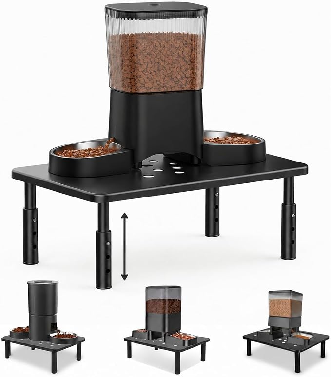 Raised Automatic Cat Feeder Stand for Double Bowl Feeders, Carbon Steel 14.57 x 9.25 in, 3 Adjustable Heights 3.94-5.5 in, Non-Slip, Fits Feeders & Water Dispensers, No-Drill (Black)