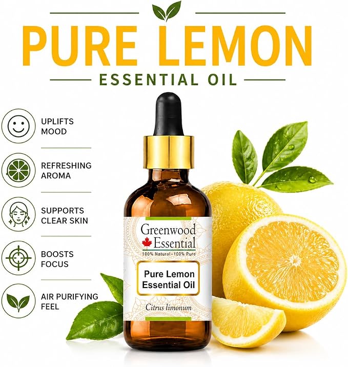 Greenwood Essential Pure Lemon Essential Oil (Citrus limonum) with Glass Dropper Steam Distilled 30ml (1 oz)