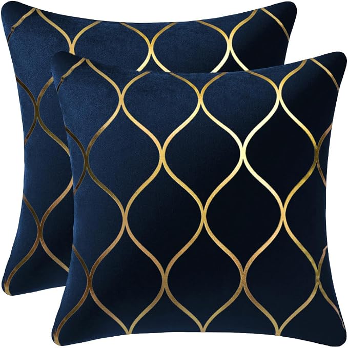 Gold Velvet Throw Pillow Covers Navy: 2 Pack 16x16 Inch Square Decorative Pillow Cases for Bedroom Sofa Couch Living Room