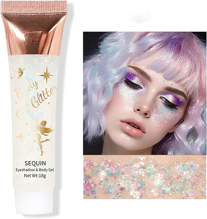 8 Color Body Glitter White Face Hair Self Adhesive Gel Festival Accessories Cosmetic Glitter Long Lasting Chunky Sequins Glitters for Eye Lip Nails Gel Festival Rave 23g