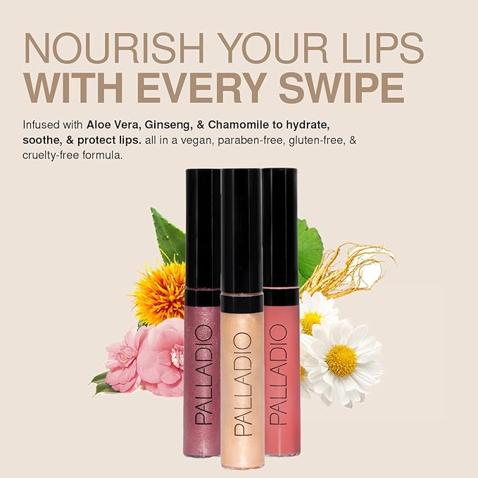 Palladio Lip Gloss, Non-Sticky Lip Gloss, Contains Vitamin E and Aloe, Offers Intense Color and Moisturization, Minimizes Lip Wrinkles, Softens Lips with Beautiful Shiny Finish, Champagne