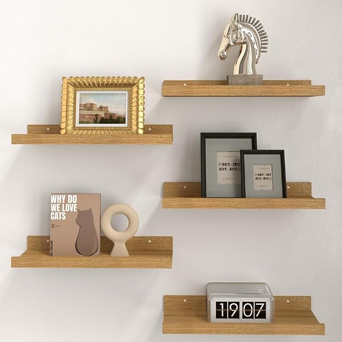 RICHER HOUSE 8-Set Floating Shelves with Lip, Oak Wall Mounted Wood Shelf | Display Picture Ledge Shelf, Anti-drop lip Shelf for Room Wall Decor, Bedroom Bathroom Storage Nursery Hanging Book Shelves
