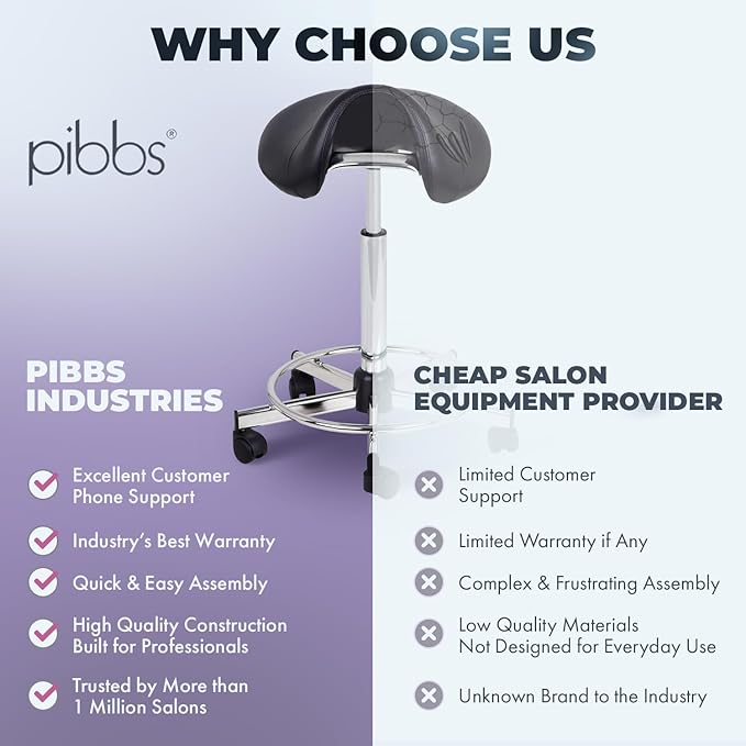 Pibbs 778 Pony Professional Cutting Stool for Salons - Adjustable Height 23"–33", Extra-Thick Upholstered Seat Cushion, Ergonomic Design for Back Relief, 5-Star Base with Smooth Casters, PIB-778