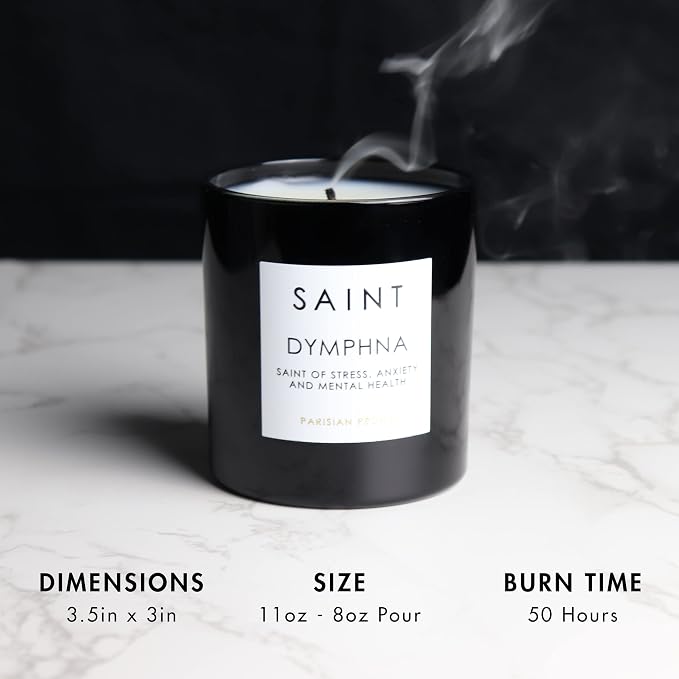 SAINT Dymphna Scented Candle with Prayer and Prayer Coin | Saint of Stress, Anxiety, and Mental Health, Soy Coconut Aromatherapy Candle with 50 Hour Burn Time