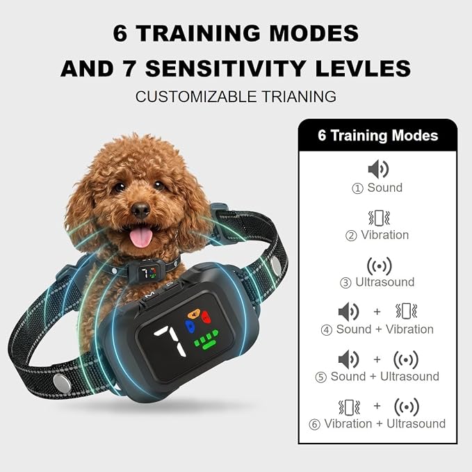Ultrasonic Dog Bark Collar, No Shock, Humane Bark Control with 6 Training Modes & 7 Sensitivity Levels, Sound & Vibration, Rechargeable & Waterproof, for Small Medium Large Dogs