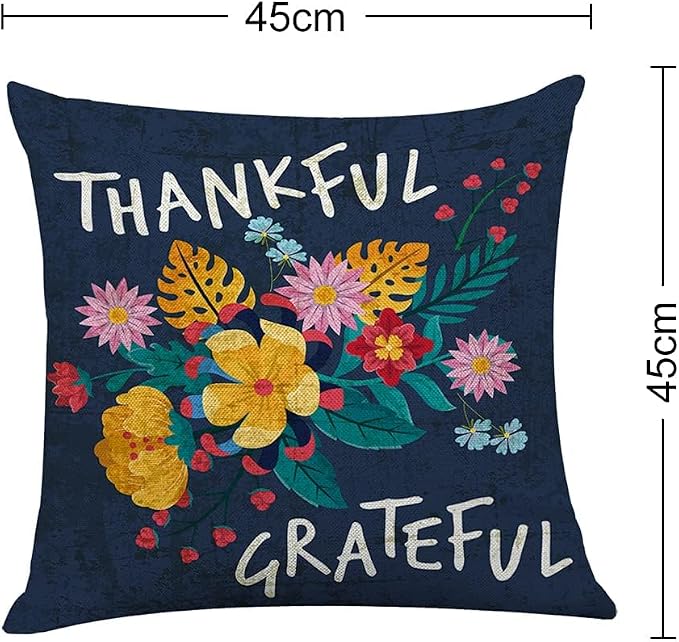 Littlefa Thankful Grateful Flower Throw Pillow Cover Navy Blue | Navy Blue Decorative Pillow Case for Couch Sofa Bedroom, Inspiring Gifts for Friends Women