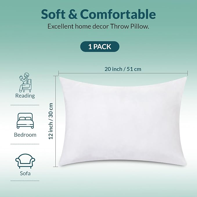 ROYALE LINENS 12 x 20 Pillow Insert - Down Alternative Throw Pillows Insert - Rectangle Pillow Pack of 1 White - Bed & Couch Pillows - Inner Cushion for Bed, Cushion for Living Room - Shams Stuffer