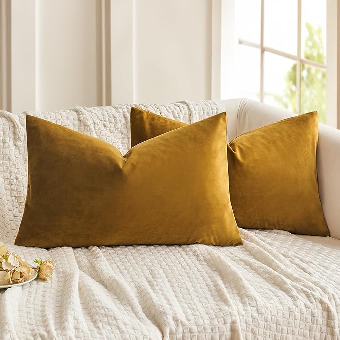 MIULEE 12x20 Inch Lumbar Velvet Throw Pillow Covers Mustard Yellow | Pack of 2 Soft Solid Decorative Pillow Covers, Modern Luxury Home Decor, for Chair Couch Sofa Bedroom Livingroom