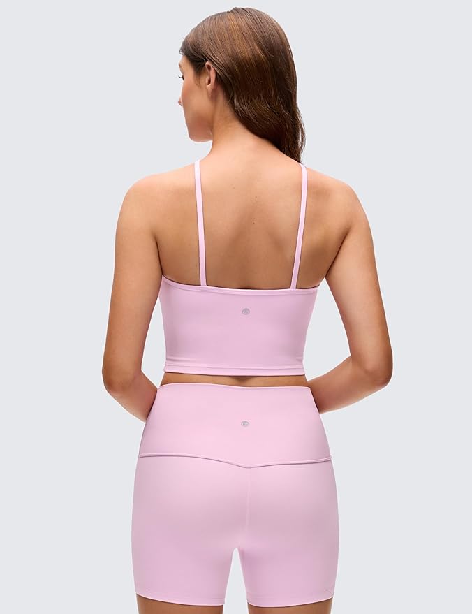 CRZ YOGA Butterluxe Cross Neck Crop Tank Tops for Women - Spaghetti Straps Square Back Padded Yoga Sports Bras